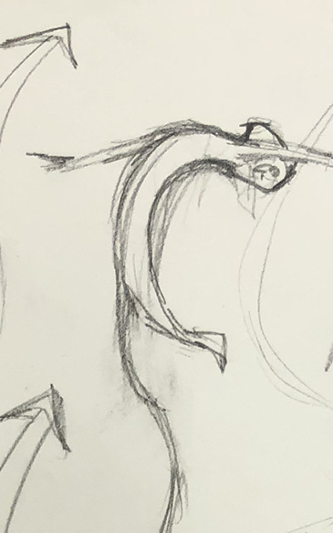 A pencil sketch of an elongated human figure flying and soaring among arrows in the same direction.