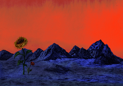 Blue valley, 2025, Ink on paper and digital coloring, 40x60cm