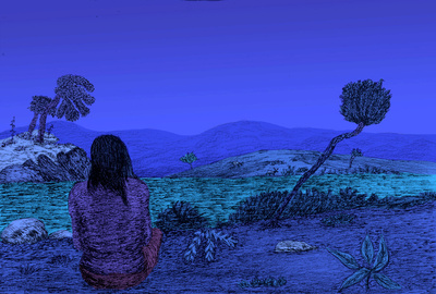 Near the water, 2021, Ink, pencil on paper and digital coloring, 40x60cm