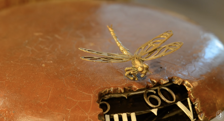 Roman numerals for the hour, numbers for the minute, and the dragonfly rotates as the second hand