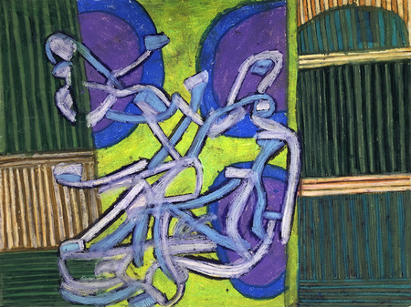 A central arrangement of loopy, irregular lines in contact with and intersecting one another is against a backdrop of geometric shapes and stripes. The backdrop in three divisions – those on the left and right sides in vertical and horizontal stripes and one in the middle with circles –&nbsp;and that the central lines not only intersect with one another but also with the backdrop suggest a multi-dimensional space.