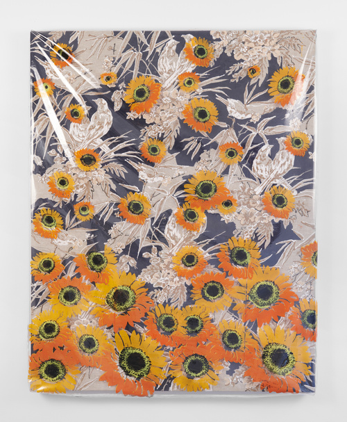 Sundowner, 2023, flock, vinyl, reverse four-color screen print, and zipper on linen, 53" x 42"