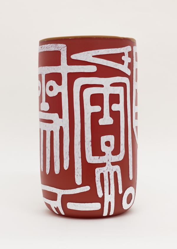 Joe Feddersen, Red Totem, 2023, Sandblasted blown glass, 15 3/4 x 9 1/8 x 9 1/8 in. $17,000