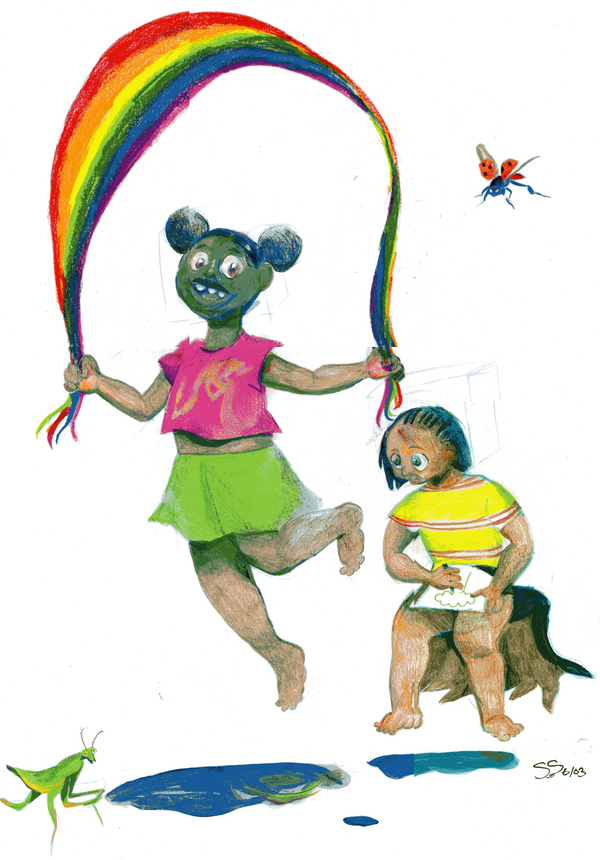 "Rainbow Jumprope (Rainbow Connection)" ☆ 36in x 40in ☆ colored pencil, gauche on paper ☆ 2023