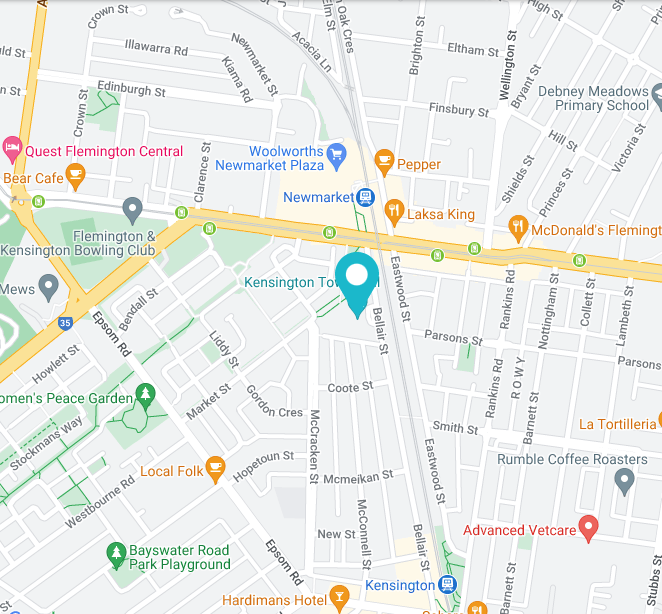 Map of Kensington Town Hall locale. It is on Bellair st, close to Newmarket railway station and the 57 tram.