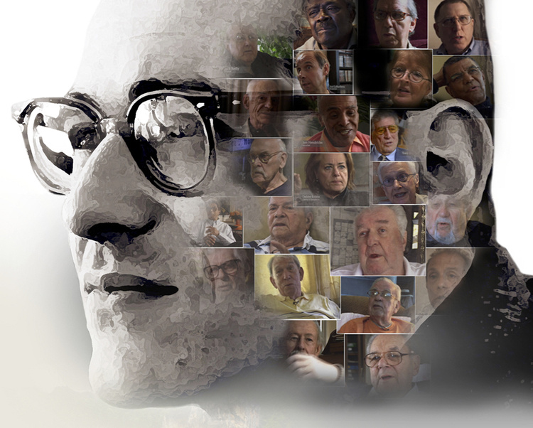 A digital collage of Bill Evans’ half profile in the background and many small headshots of others pasted on his face around the ear.