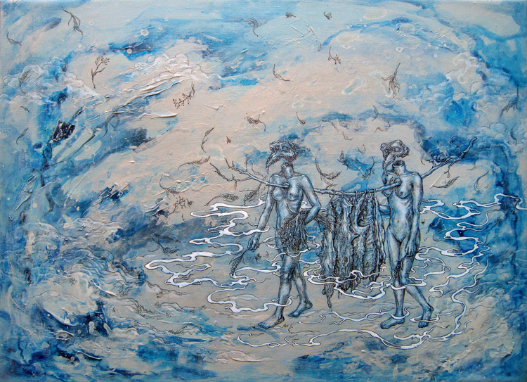  Ritual For The Mountain Goddess - The Offering 山神的祭典：祭品 (2). Waterproof fine liner, colour pencil, acrylic on canvas. 50 x 70 cm.