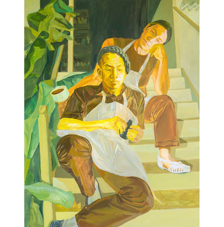 A painting of 2 people sitting on the steps of stairs that lead up to what seems like a store. One figure is higher on the stairs and the other is lower on the stairs in front of the other.  Along the railing of the stairs are the large leaves of plants. Both figures are wearing white aprons. The figure higher up on the stairs is holding a cup of coffee.