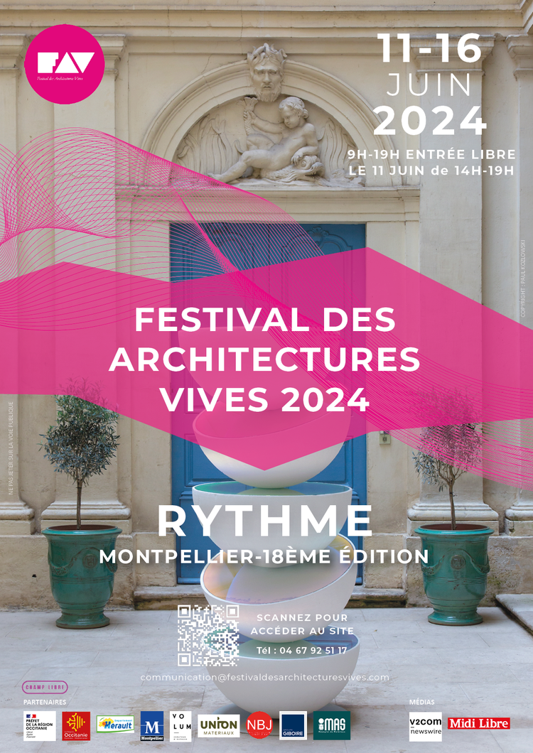 Affiche de promo du Festival Architectures Vives à Montpellier. Une entrée d'immeuble avec une œuvre d'art contemporain devant.