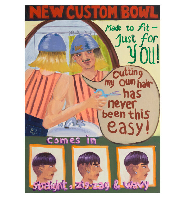 A painting of an advertisement. There is a mag holding scissors standing in front of a mirror, below him are profiles of the same woman with 3 different hairstyles. The text reads: "New Custom Bowl, Made to fit just for you! comes in straight, zig-zag, and wavy". The man in the painting has a speech bubble which reads: "cutting my own hair has never been this easy!".