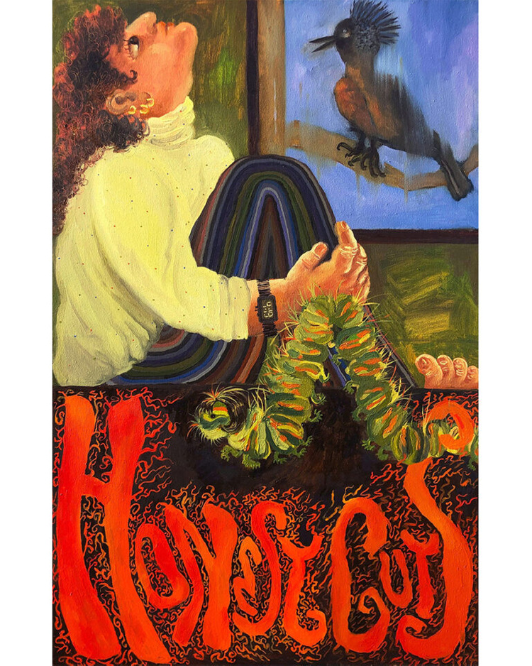 A painting of a woman sitting with her arm around her knees, looking up. Beside her on a brand is a bird with spiked plumage on its head. In front of her is a large caterpillar with a short black wig on its head. At the bottom of the painting text reads: "Honest Cuts".