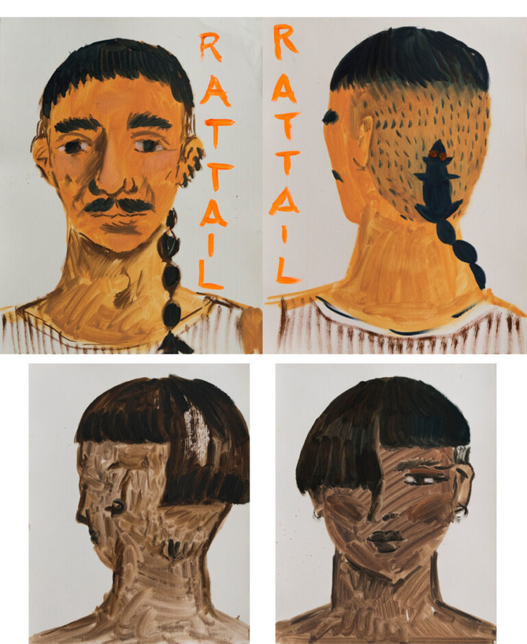 2 paintings. The first is a portrait of the front and back of a mans head. The man has a black braid of hair at his lower neck. The back of his head is shaved apart from the braid. The braid is coming out of a spot of hair shaped like a rat. The text reads: "Rat Tail". The second painting is a portrait of the front and back of a woman's head. She has bangs that are uneven, left side of her bangs are longer than the right.