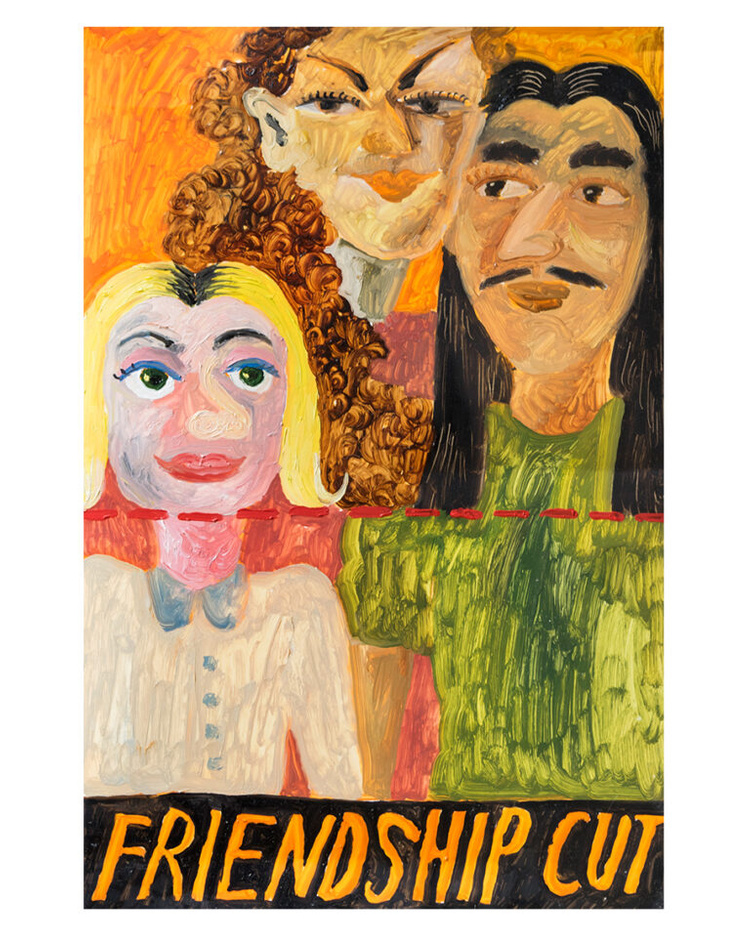 A painting of 3 people smiling looking towards each other. there is a red dotted line horizontally through the middle of the painting. At the bottom of the painting text reads: "Friendship Cut"