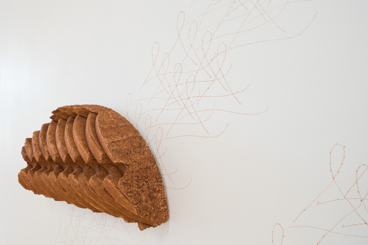 Installation view of 'Fragment,' 2020-2023' hand-carved polystyrene, wood, acrylic, acrylic polymer, sand, crushed garnet, 8 1/2 x 16 x 3 1/2 in. (21.6 x 40.6 x 8.9 cm.). Sean Carroll.