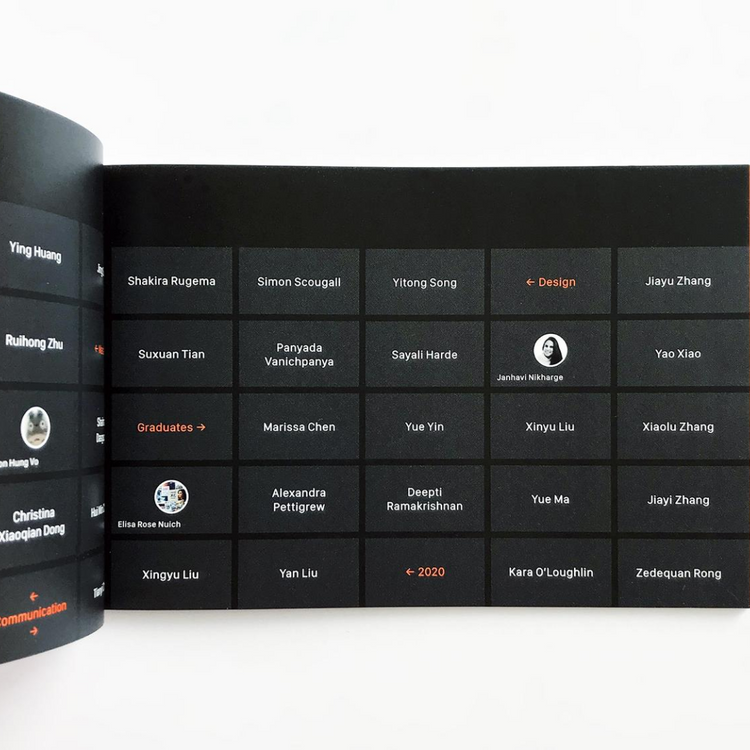 This a publication including designers' name with a black background.