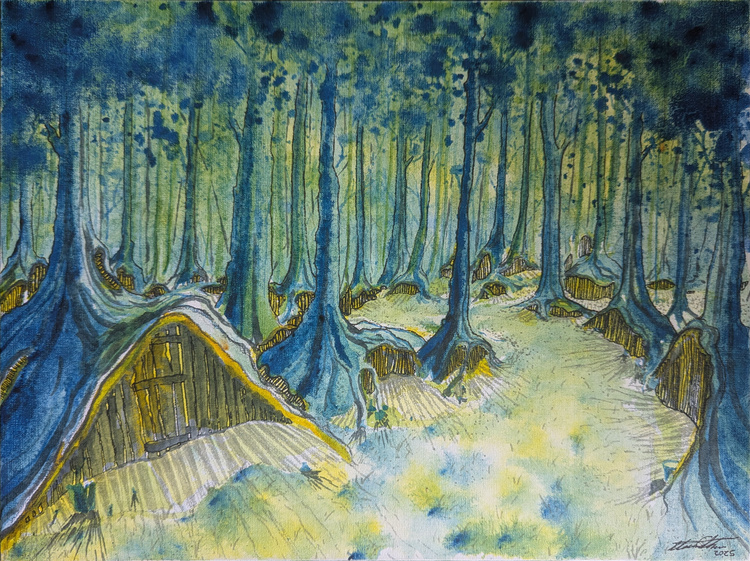 Rooted Residences, Watercolor, Pen