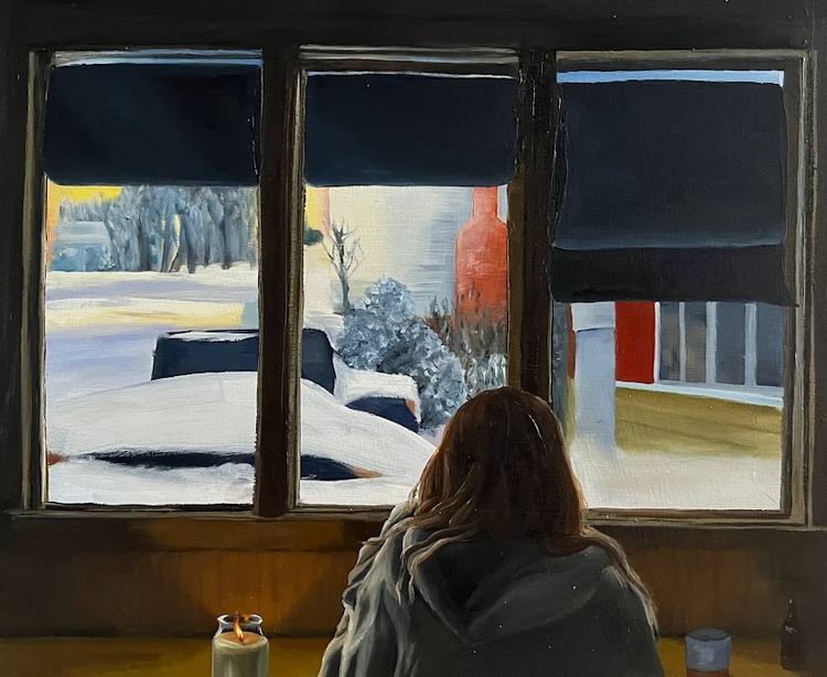 7:48 pm, 2022, Oil Paint on Birch, 12”x10”