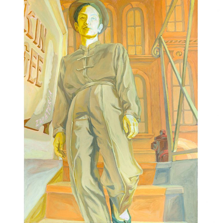 A painting of a person walking down a short set of steps, they are wearing traditional Chinese streetwear. Their gaze is facing the viewer. They seem to be walking down a city street, they are walking passed part of a store sign and behind them there is a fire hydrant. The colours in this painting are washed with a bright yellow.