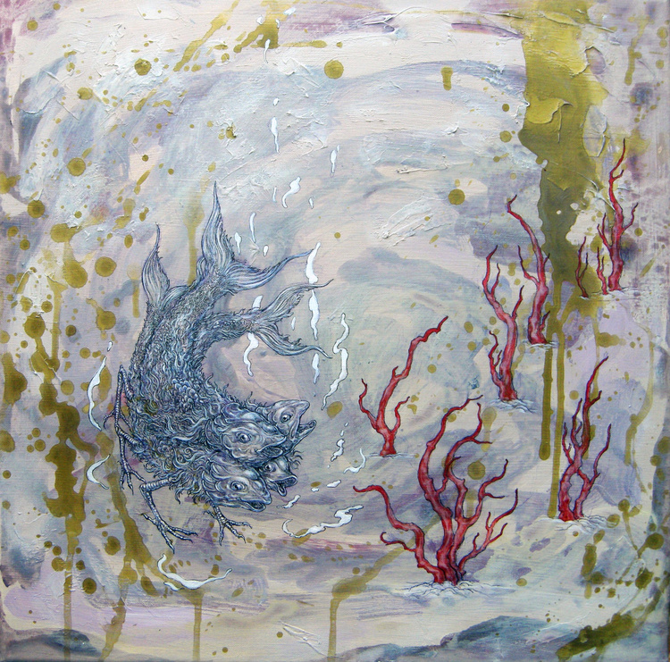  忘憂中 Forgetting Miseries. Waterproof fine liner, colour pencil, acrylic on canvas. 50 x 50 cm.