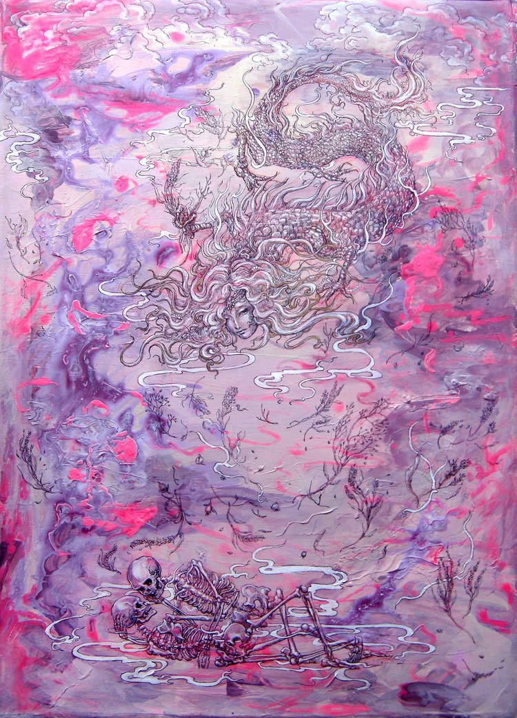  Ritual For The Mountain Goddess - The Dance 山神的祭典：舞會 (2016). Waterproof fine liner, colour pencil, acrylic on canvas. 70 x 50 cm