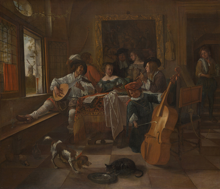 An interior scene where men and women in a small gathering engage in musical activities, including singing and playing instruments.