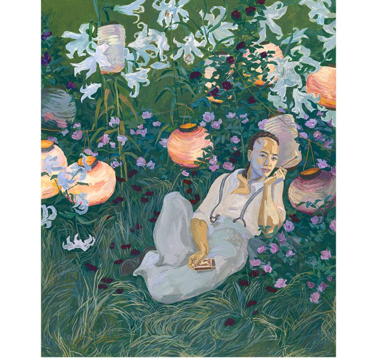 Painting of a person wearing suspenders laying down in long grass and flowers. They are holding a box of matches in one hand and a lit match in the other hand. Hanging above them are several paper lanterns. 