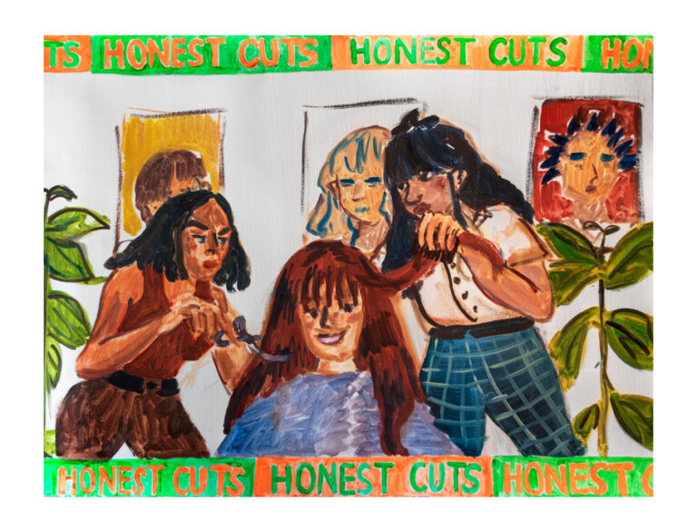 A marker drawing of 2 women cutting a third womans hair. The woman getting her hair cut is seated and wearing an apron. The person to her left has scissors and the person to her right is holding a strand of her hair. The hairdressers look very concentrated. There are plants in the background and posters of womens haircuts on the wall behind them. There are banners on the top and bottom of the drawing that read: "honest cuts".