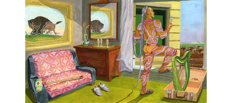 A painting of a person who is seemingly naked with red and white body paint decorating their body. This person is holding a glass of what looks like champagne and has a long white braided ponytail. They are staring out the window looking at a landscape. They are standing in a house which features furniture such as, a suitcase with a harp standing inside it, a couch and a dresser. On the wall above the couch is a framed picture of a bison.