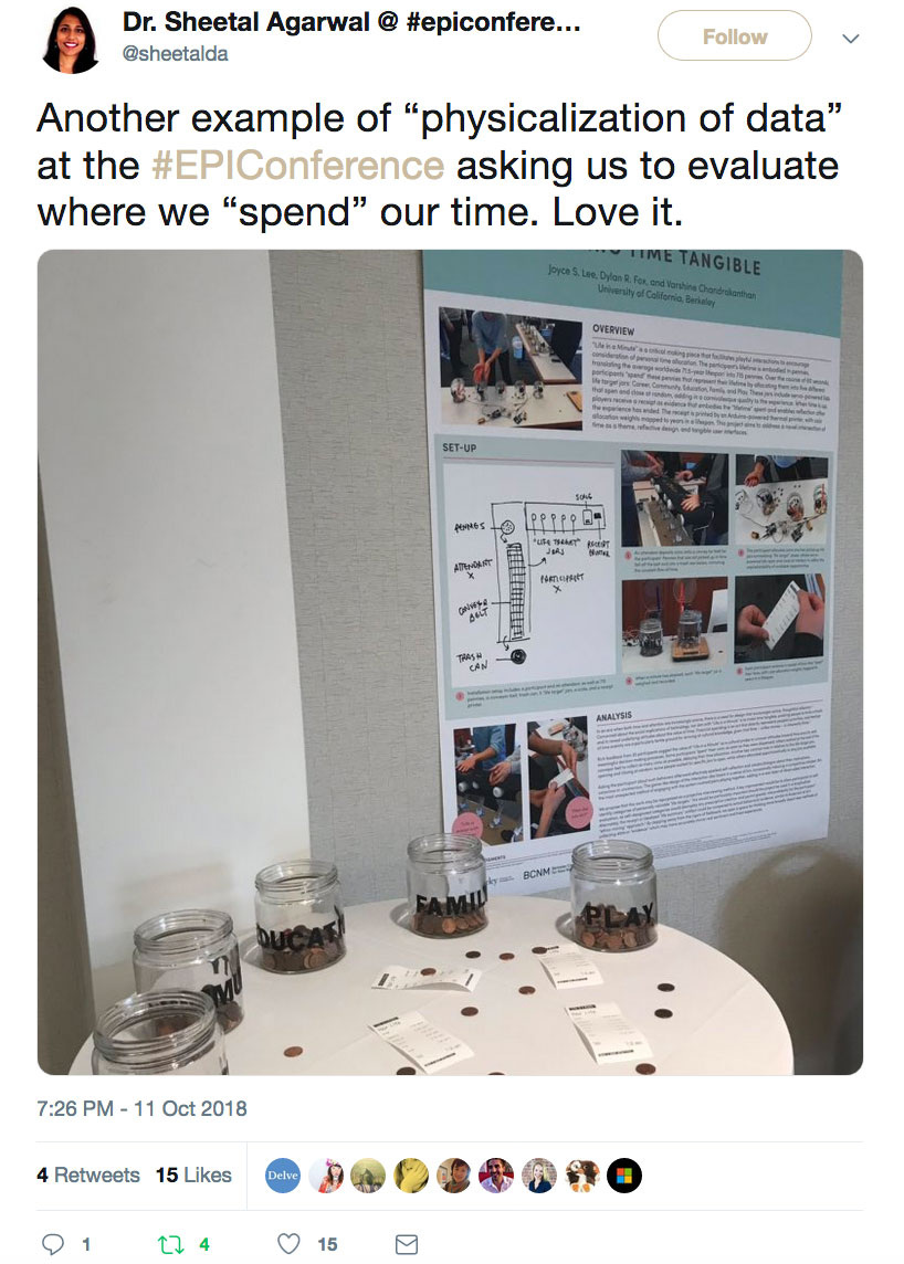 Screenshot of a tweet that reads, Another example of ‘physicalization of data’ at #EPIConference asking us to evaluate where we ‘spend’ our time. Love it.