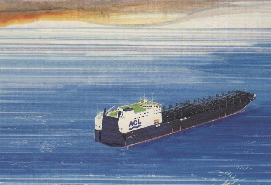 A painting of the Atlantic Conveyor Ship in the ocean.